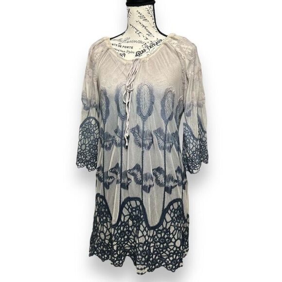 XCVI S Blue Gray Mesh Lace Dress Boho Embroidered Sheer Mini Tunic Festival - Picture 3 of 8